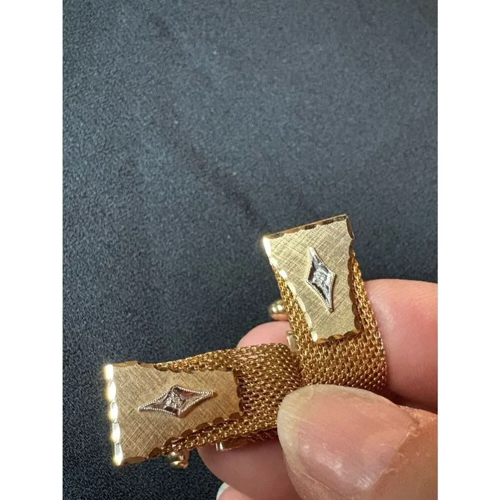 Vintage Anson Gold Tone Mesh Cufflinks Diamond Accent Wrap Style Mid century